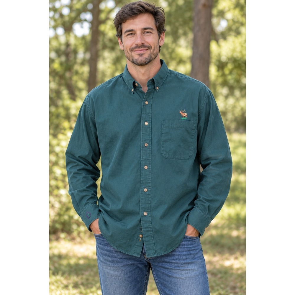 Vintage Bill Blass Premium Men's XL Green Elk Embroidered Button-Down Shirt